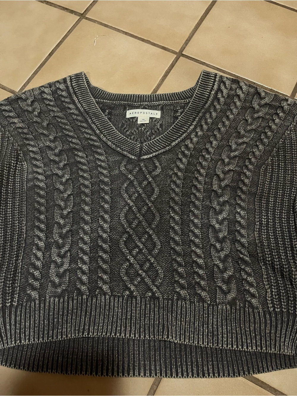 Aeropostale Charcoal Cable-Knit Cropped Crew Sweater